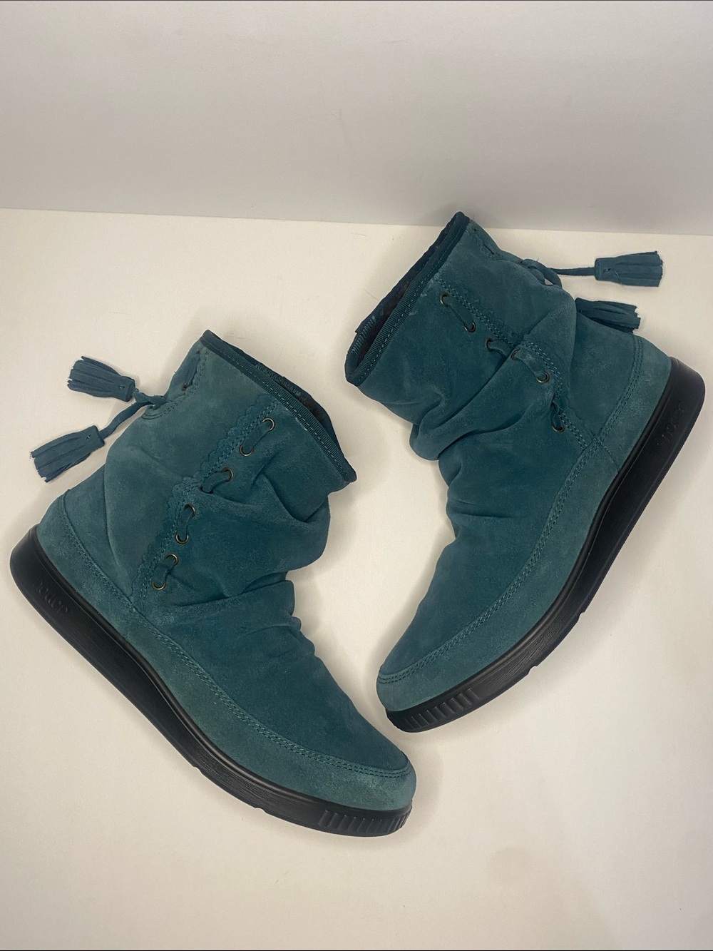 Hotter Suede Faux Fur Lined Tassel Ankle Boots Teal Blue Women’s 7.5 EU 38.5